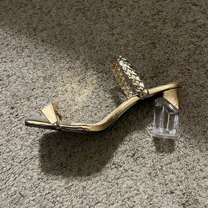 SHEIN Gold Heels with Clear Block Heel and Pearl Embellishments